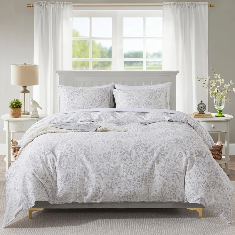 HoneiLife Cotton Duvet Cover Queen - Floral Comforter Cover 3-PC, Soft & Breathable Flower Bedding Duvet Cover Sets with Zipper Closure & Corner Ties, Wildflower Comforter Cover Sets, Plain Life