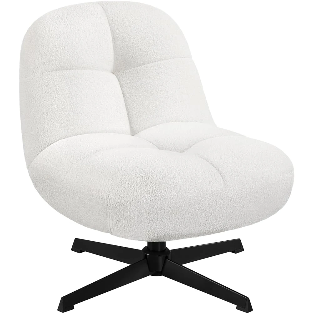 Yaheetech Boucle Tub Chair, 360 Degree Swivel Accent Chair Fuzzy Upholstered Living Room Armless Foldable Vanity Chair for Bedroom Lounge, White