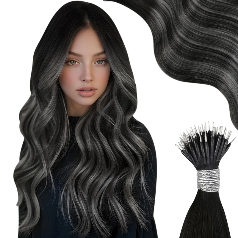 Moresoo Nano Hair Extensions Real Human Hair 20 Inch Balayage Natural Black and Silver Nano Ring Hair Extensions Real Remy Straight Hair 1g/s 50g/Pack #1B/Silver/1B