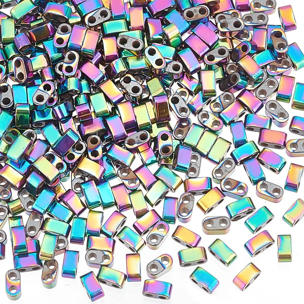 PH PandaHall 300pcs Rainbow Half Tila Beads, 4.5x2x2.5mm Synthetic Hematite Flat Craft Bead 2 Hole Bead Gradient Japanese Loose Spacer Bead for DIY Stackable Jewellery Friendship Bracelet Making