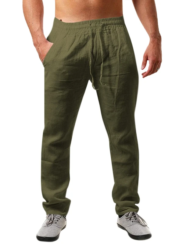 Runcati Men's Linen Trousers Solid Color Lightweight Loose Fit Drawstring Holiday Beach Daily Wear, Green, L