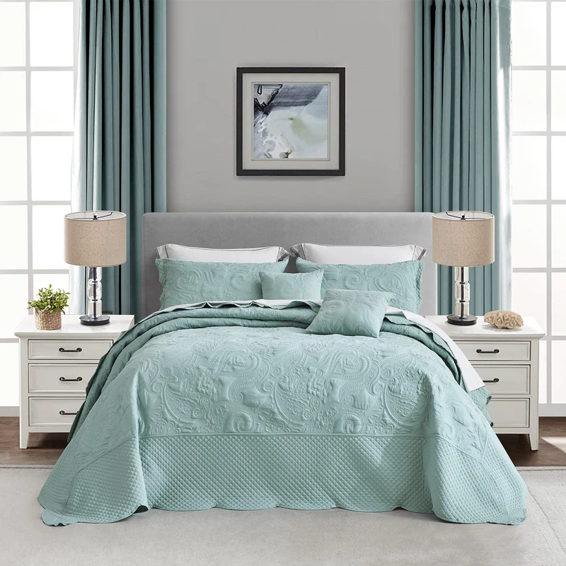 Blythease Oversized King Bedspread 128x120, Stitched Paisley, Seaglass
