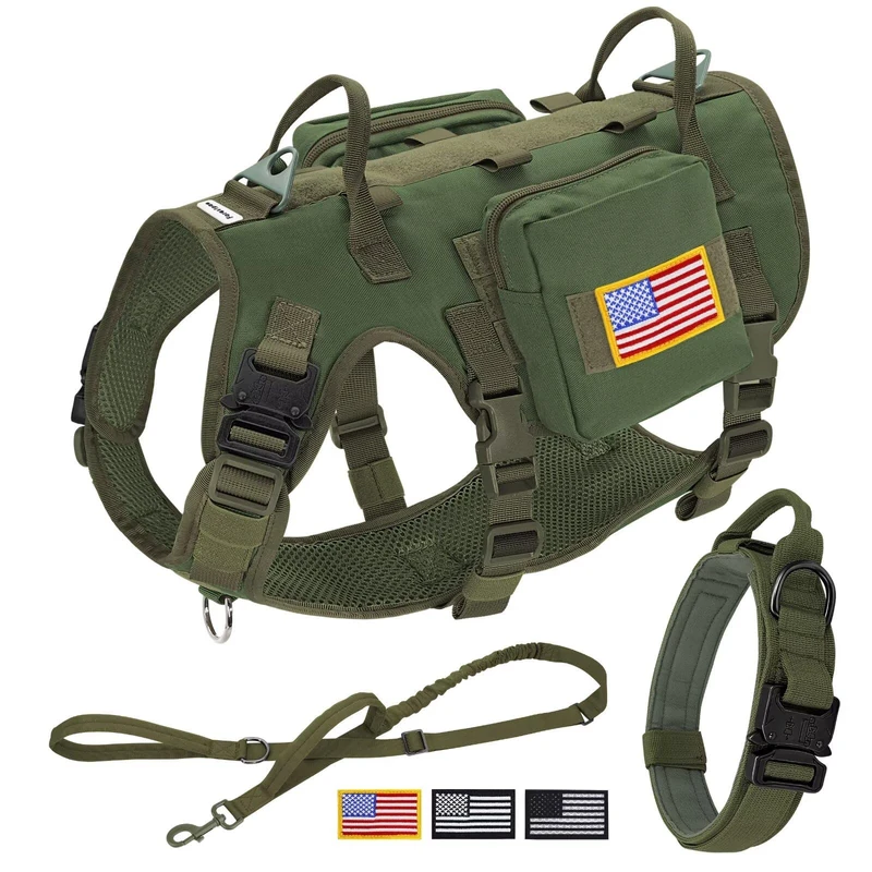 Forestpaw Tactical Dog Harness Collar Bungee Leash Set,S,Green