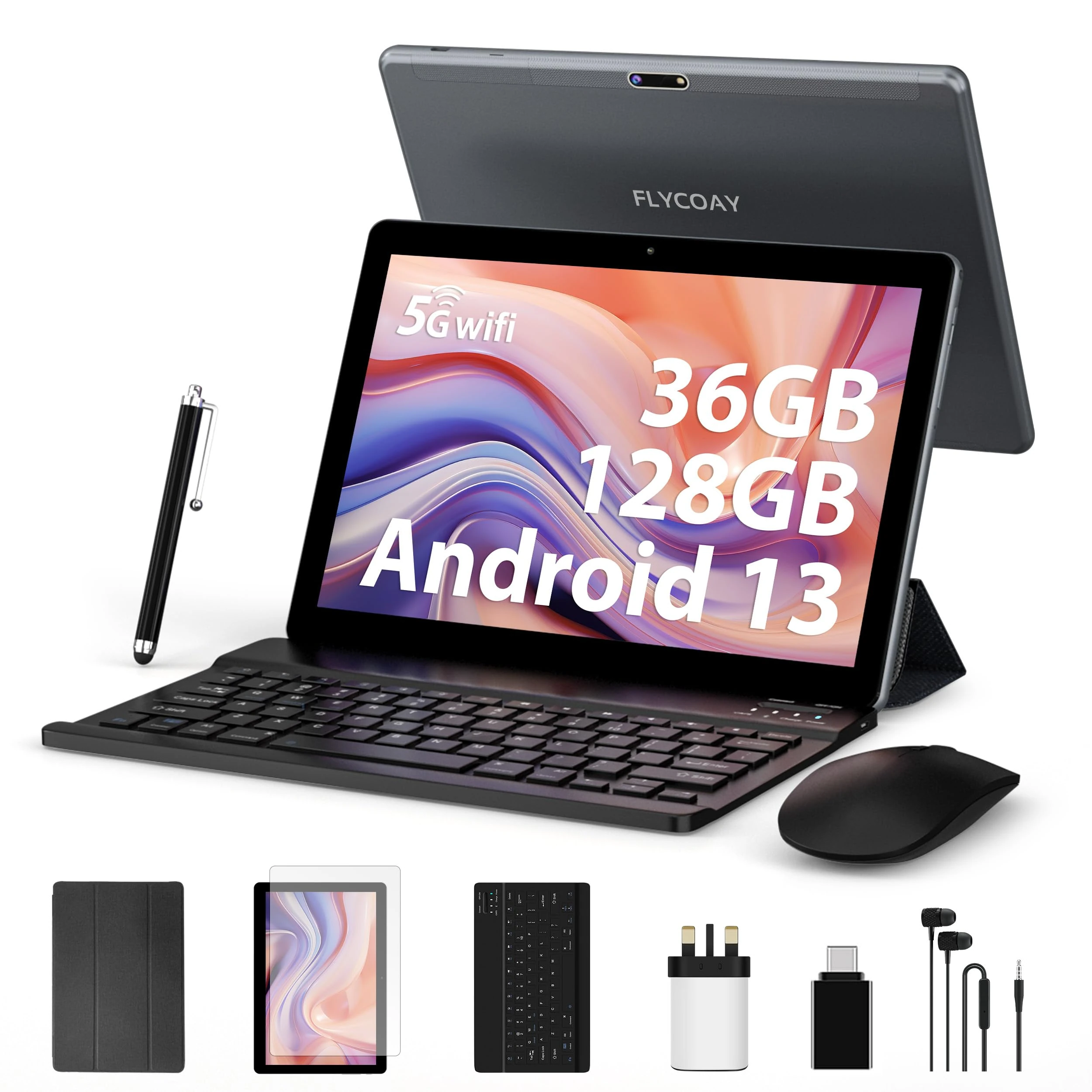 FLYCOAY Tablet 10 Inch 2024 Newest Android 13,Octa-Core 2.0GHz,5G WIFI,19GB RAM+128GB ROM (TF 1TB), 8000mAh,Battery/WLAN/Face ID/Google GMS Certified Tablet With Keyboard,Case(Gray), L80-EEA