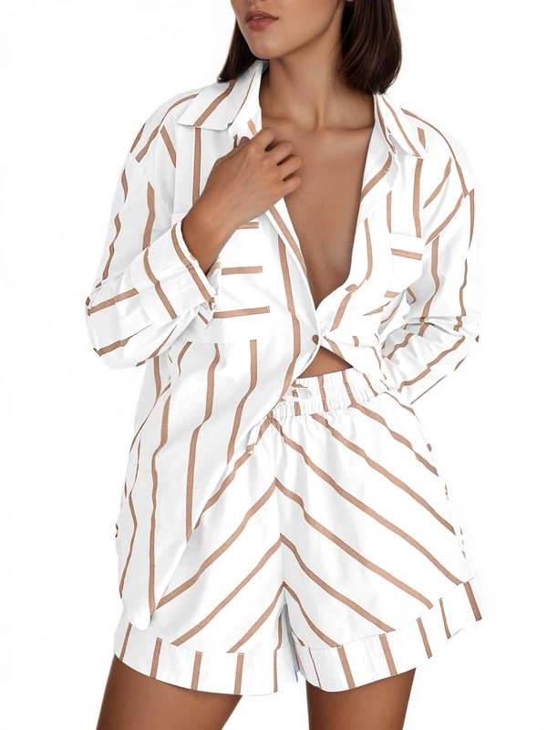 Tankaneo Womens Striped 2 Piece Outfits Button Down Shirts and Shorts Lounge Matching Sets, Khaki, L