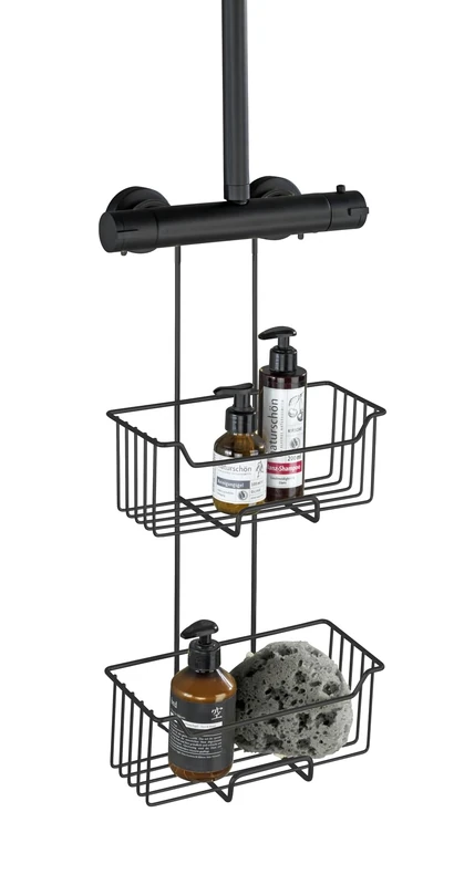 WENKO Milo Thermostatic Shower Caddy 2 Tier Shower Caddy for Hanging on the Faucet, Stainless Steel Shelf (Rust-Proof), 25 x 55 x 14 cm, Black