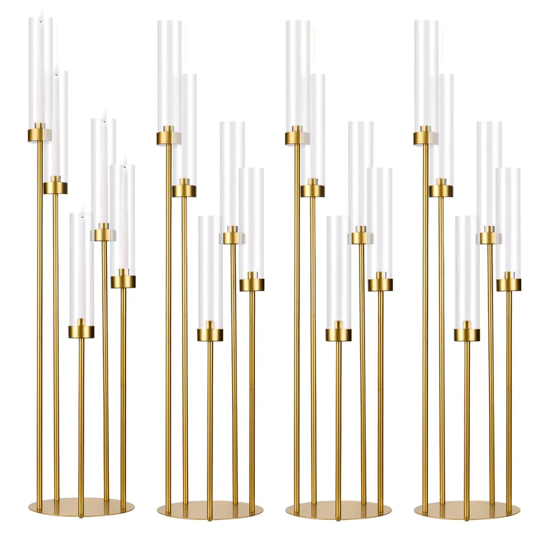 Fullvaseer 5 Arm Candelabra with Acrylic Lampshade Set of 4 Gold Candelabra for Wedding Table Birthday Party Home Decoration 39.4'' Candle Holder Fit LED Taper Candles
