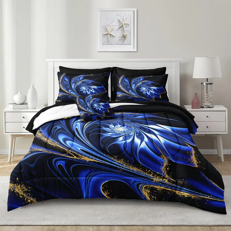 Chumerry Blue Marble Comforter Set Queen Size Black Bed in A Bag Gold Vortex Floral Artwork Abstract Bedding Psychedelic Bed Set with Sheets