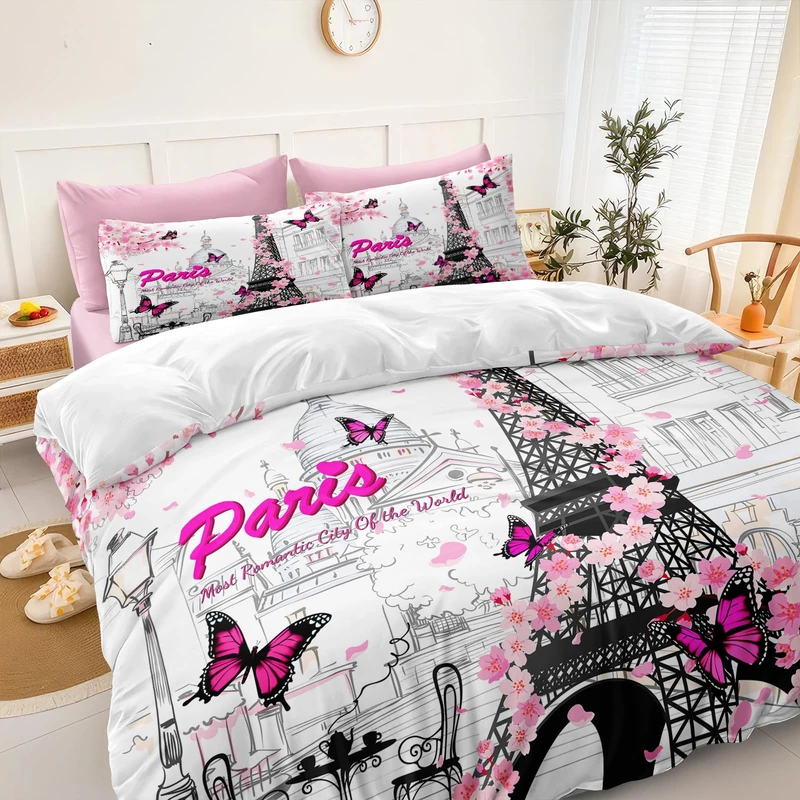 Chumerry Pink Paris Comforter Set Eiffel Tower France Bedding Comforter King Size Bed in a Bag with Pink Sheet Set Cherry Blossom Butterfly Women Girls King Bed Set