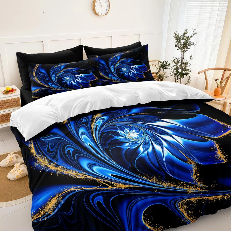 Chumerry Blue Gold Comforter Tie Dye Psychedelic Bedding Comforter Full Size Bed Set Black Gold Swirl Floral Design Watercolor Boho Bed in a Bag Dark Blue