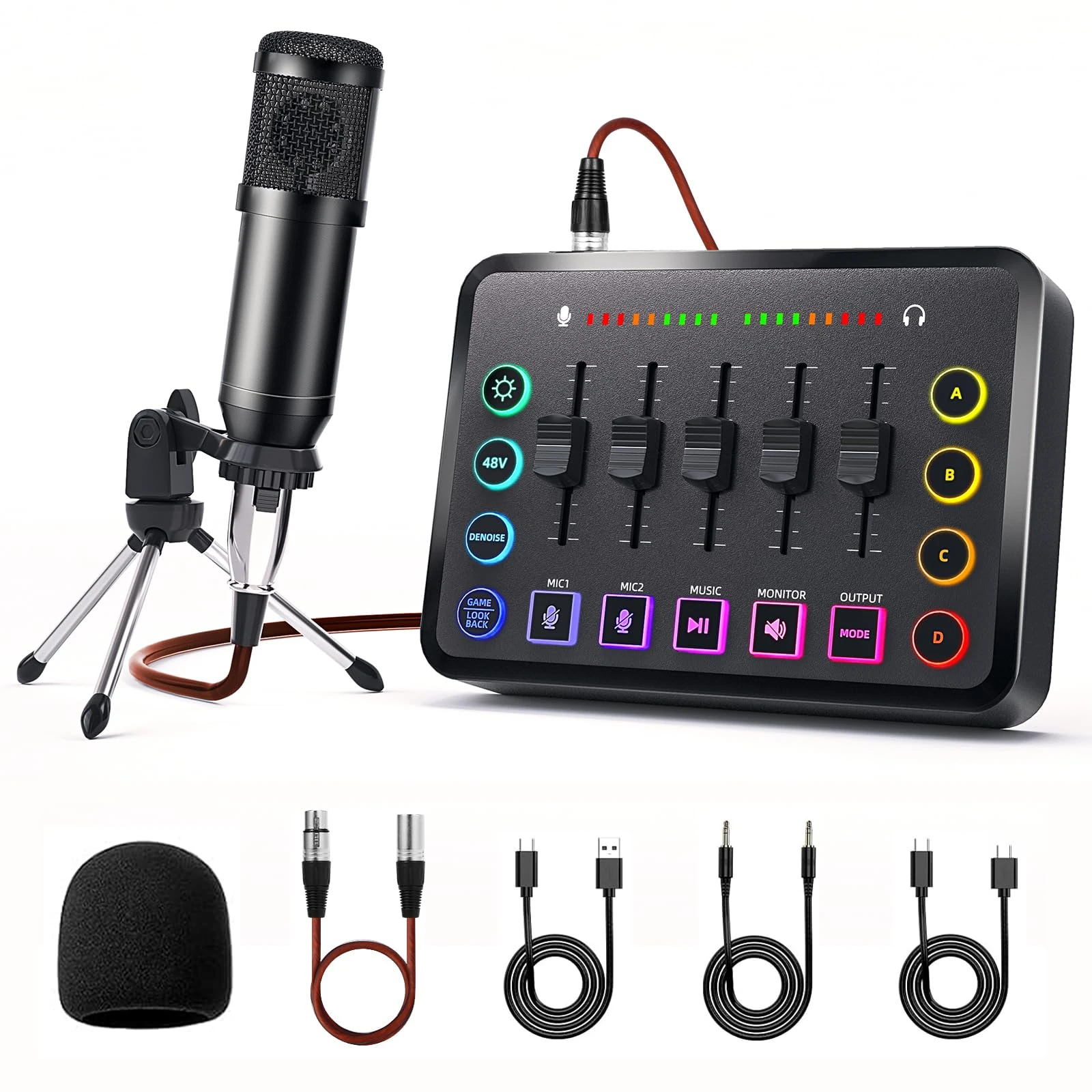 Podcast Microphone Mixing Console Bundle, comprising an audio mixer and live streaming microphone, All-in-One DJ Mixer，suitable for video production, live streaming, and game voiceovers.