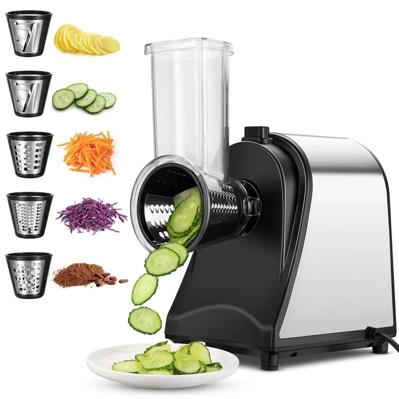 COOCHEER 5 in 1 Electric Vegetable Slicer, 250W Cheese Grater Shredder Salad Maker with 5 Stainless Steel Different Shapes of Blades, Vegetable Cutter for or Fruits, Cheeses