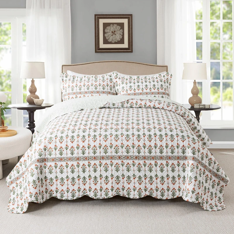 Travan 3-Piece Quilt Set Quilted Bedspread Lightweight Coverlet Set Garden Style Floral Printed Oversized Quilted Bedding Set for All Season, Orange Mirror, Queen Size