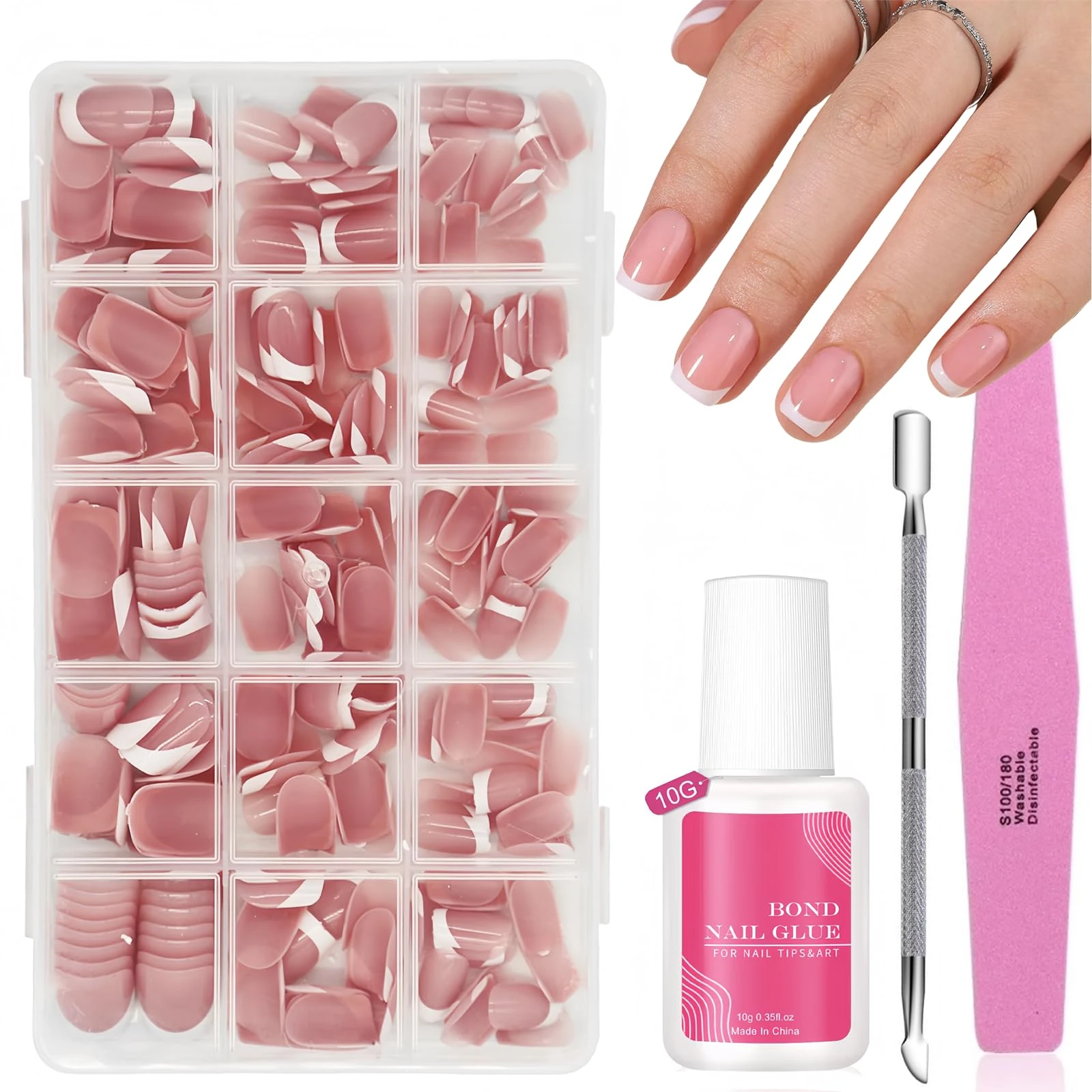 Press on Nails - 240 Pcs French False Nails Short - French Tip Nude Color False Nail Kit - Cute Short Full Cover Stick on Nails Nail Art Manicure Decorations for Girls Women