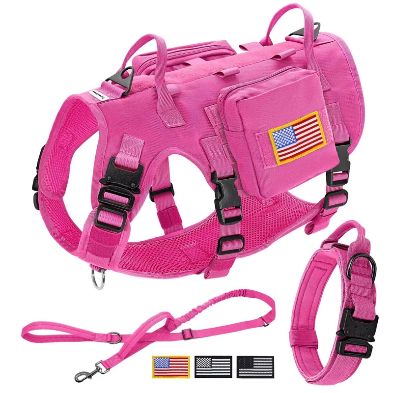 Forestpaw Tactical Dog Harness Collar Bungee Leash Set,S,Hot Pink