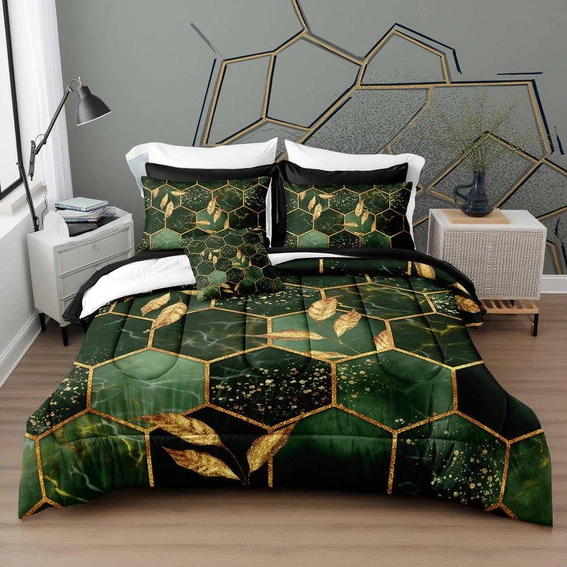 Herside Green and Gold King Comforter Set with Sheets,8 Pieces Geometric Bedding Set,Abstract Marble Texture Background Modern Geometric Comforter Set,King Bed in a Bag Set for All Season