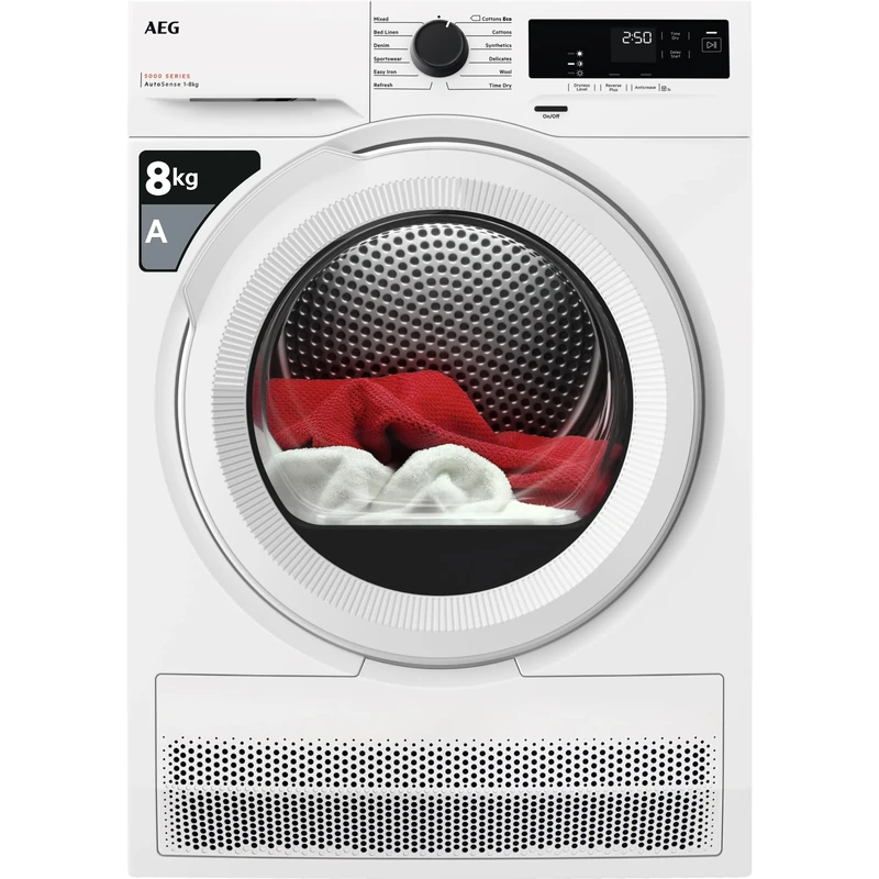 AEG 5000 Series Heat Pump Tumble Dryer 8kg TXH508A4R, 8kg Load, Freestanding, Anticrease, Delay Start, Cotton and Delicate Programmes, Reversible door, Interior light, Class A, White
