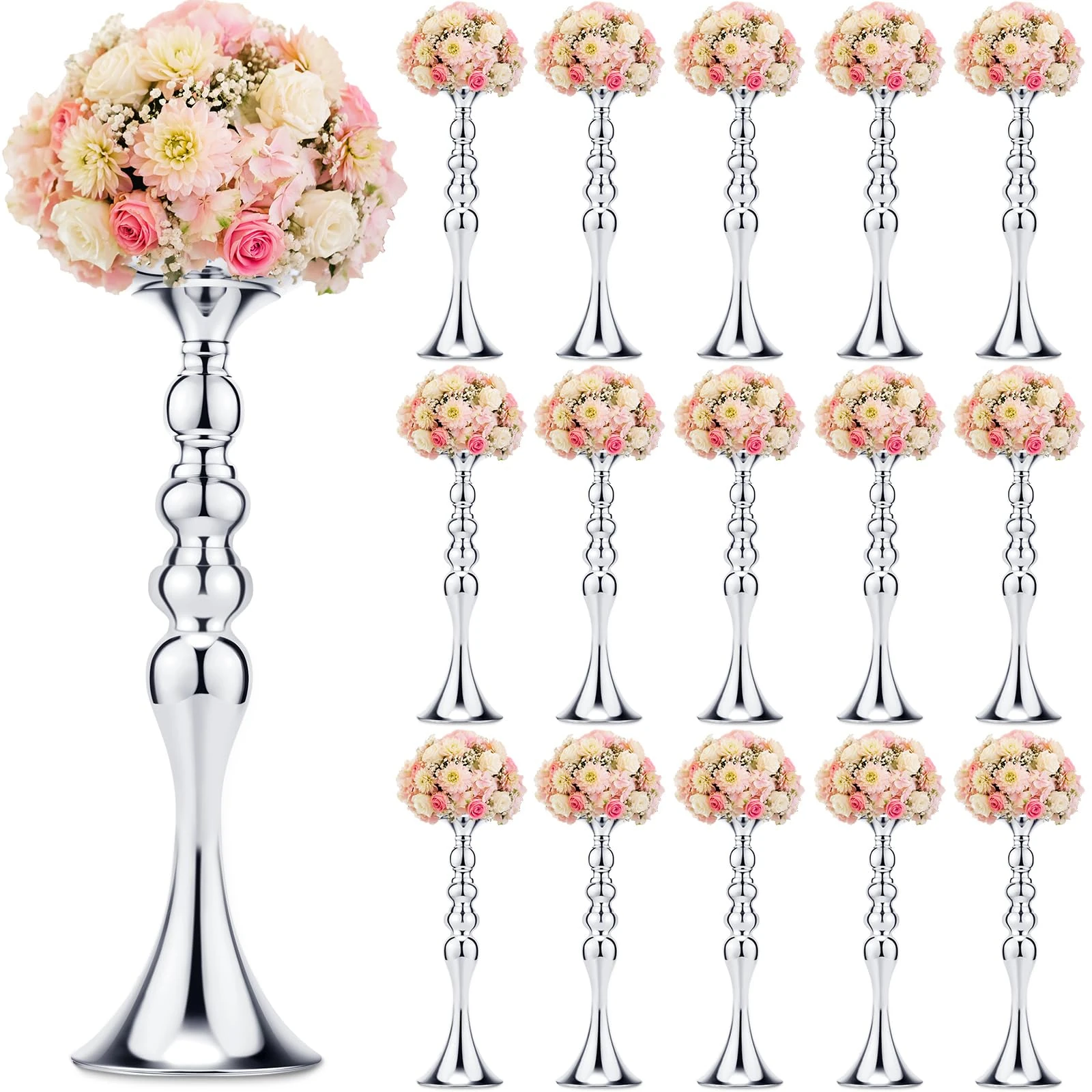 Sadnyy 16 Pcs Metal Flower Arrangements Stand Metal Wedding Flower Centerpiece Stand Tall Table Decor Flower Vase for Wedding Reception Centerpieces Event Party Hotel Home Decor (Silver,16.9 Inch)