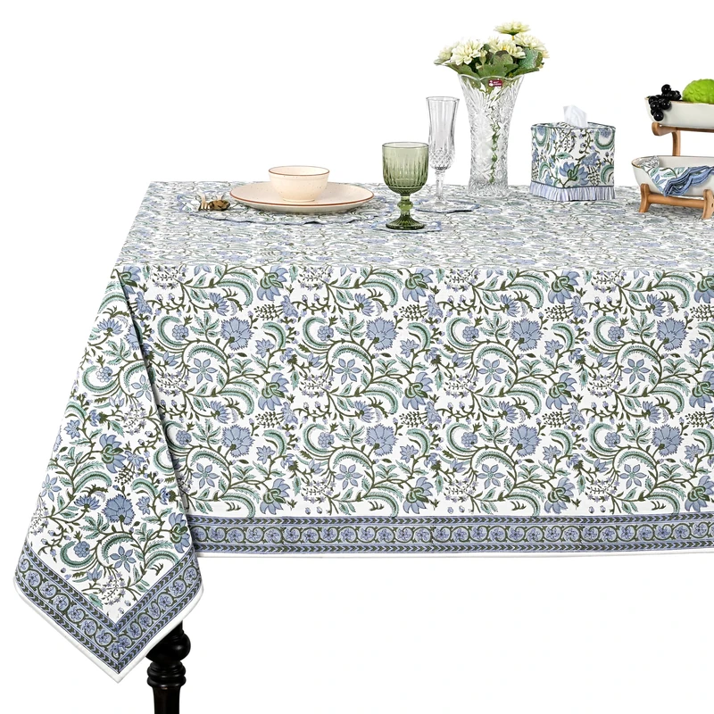 Ridhi Columbia Blue Hand Block Print Cotton Rectangle Tablecloth 118" x 70" inches Reusable Table Cover Decorative Everyday Use for Dining Room, Farmhouse, Home Gift for Spring, Mother's Day