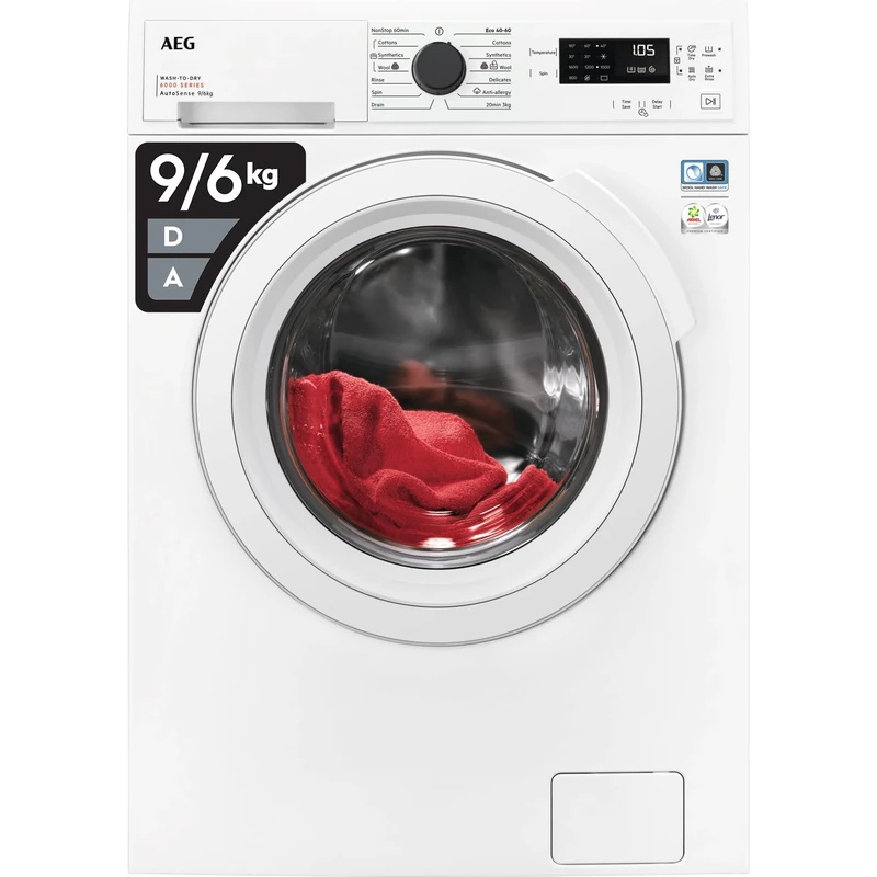AEG 6000 Series Washer Dryer LWX60966B, 9kg Wash/ 6kg Dry Load, 1600rpm, 76 dB, AutoSense, TimeSave to Adjust Laundry Cycles, Quick Programme, Freestanding, Wash-to-dry, 847x597x642, Class D, White