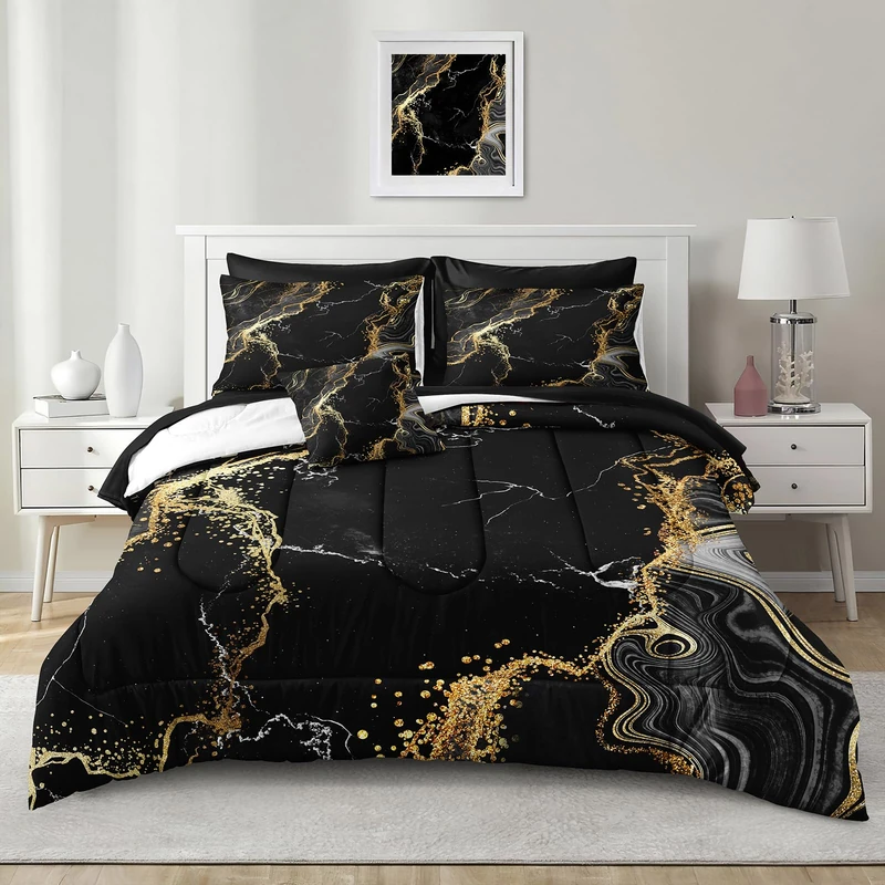 Herside Marble Queen Comforter Set 8 Pieces,Black and Gold Queen Bed in a Bag,Modern Marble Texture Luxury Bed Set with Comforter, Pillowcase, Flat Sheet, Fitted Sheet and Cushion Cover