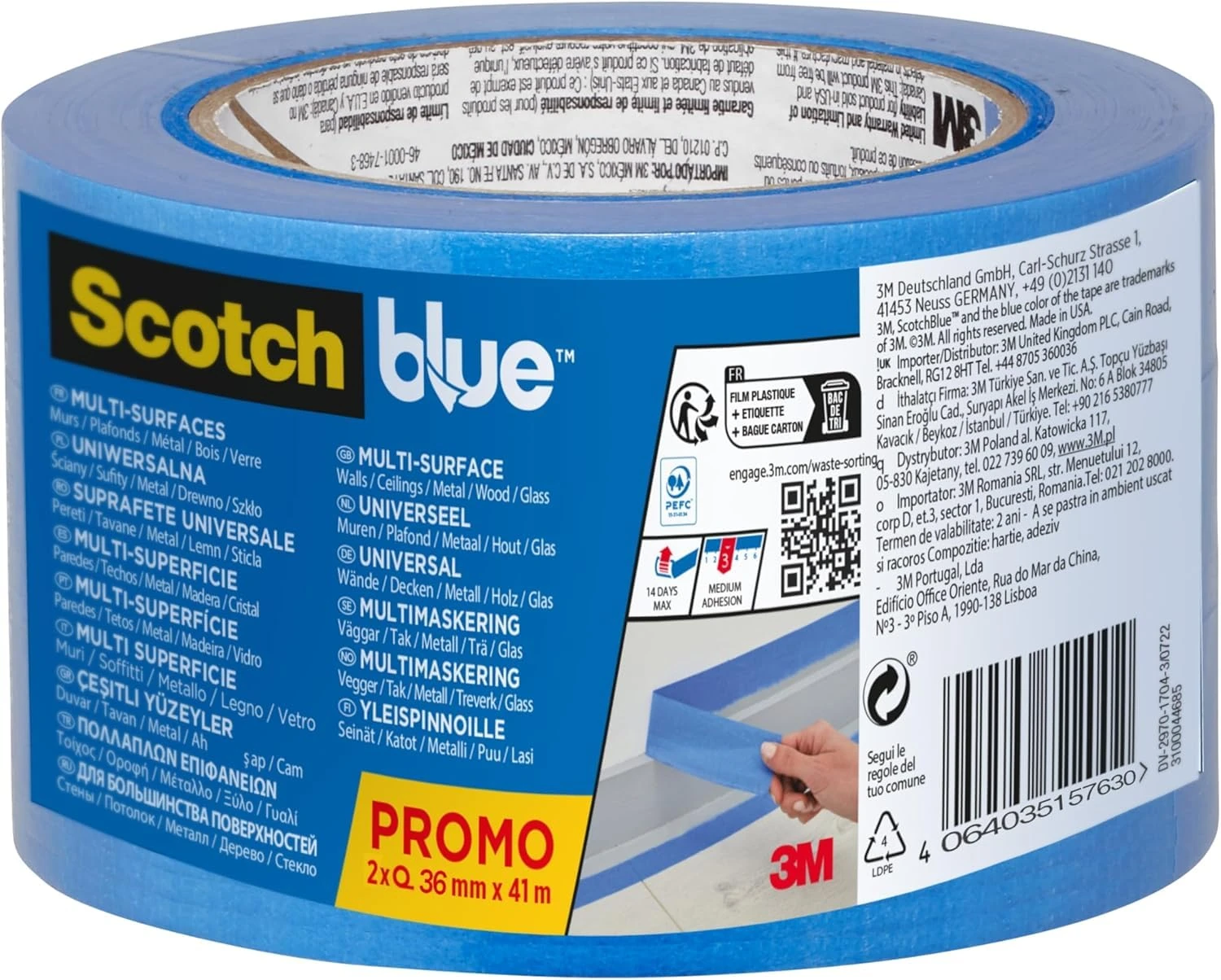 ScotchBlue Multi-Surface Masking Tape, 2 Rolls, 36 mm x 41 m - Scotch Adhesive Blue Painters Tape, For Painting and Decorating, Indoor & Outdoor, Sticks Well, 70% PEFC