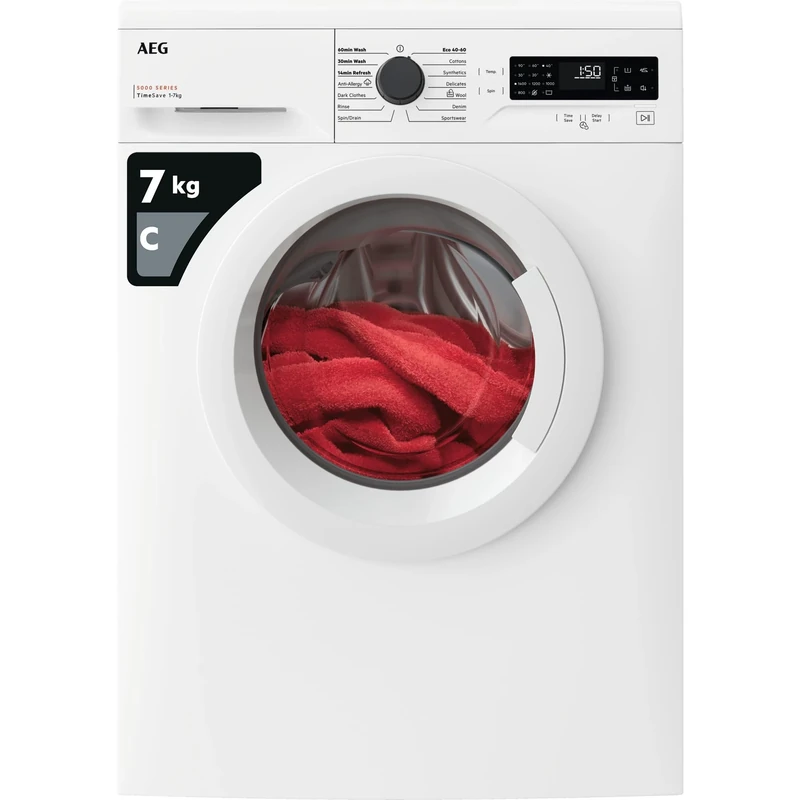 AEG 5000 Series Washing Machine 7kg LFX50744B, 1400 rpm Silent Spin, TimeSave to Adjust Washing Cycles, AntiAllergy and Easy Iron Program, Washer with Quick Wash program, 847x597x568mm, Class C, White