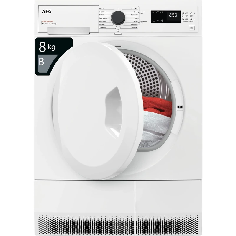 AEG 5000 Series Tumble Dryer TXC508B2B, 8kg Load, Freestanding Condenser, Anticrease, Delay Start, Cotton and Delicate Programmes, Interior light, Class B, White