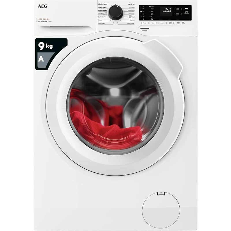 AEG 5000 Series Washing Machine 9kg LFX50942B, Front Loading Full Size, 9kg, 1400 rpm, AntiAllergy Program, Quick Wash, TimeSave to Adjust Washing Cycles, Class A, White