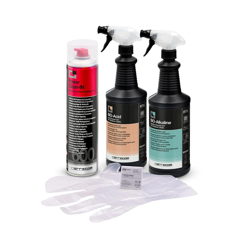 ERRECOM Cleaning Kit for Air Conditioners, includes Power Clean-IN (600mL Aerosol Can) Cleaner for Evaporators, BIO-Acid + BIO-Alkaline (2L) Condenser Cleaners with Biodegradable Surfactants, Gloves