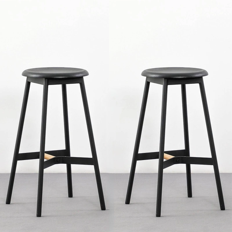 Home Source Dining Kitchen Breakfast Bar Chairs, Black Metal and Oak Veneer, 2 Stools - Image 1
