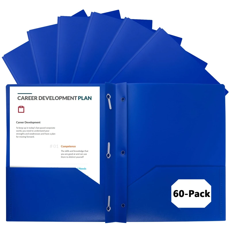 EEHZTSI 60-Pack Plastic Folders with Pockets and Prongs,2-Pocket Folders with 3 Fasteners, Poly Folders Holds 8-1/2" x 11" Paper for School/Office/Home, Blue