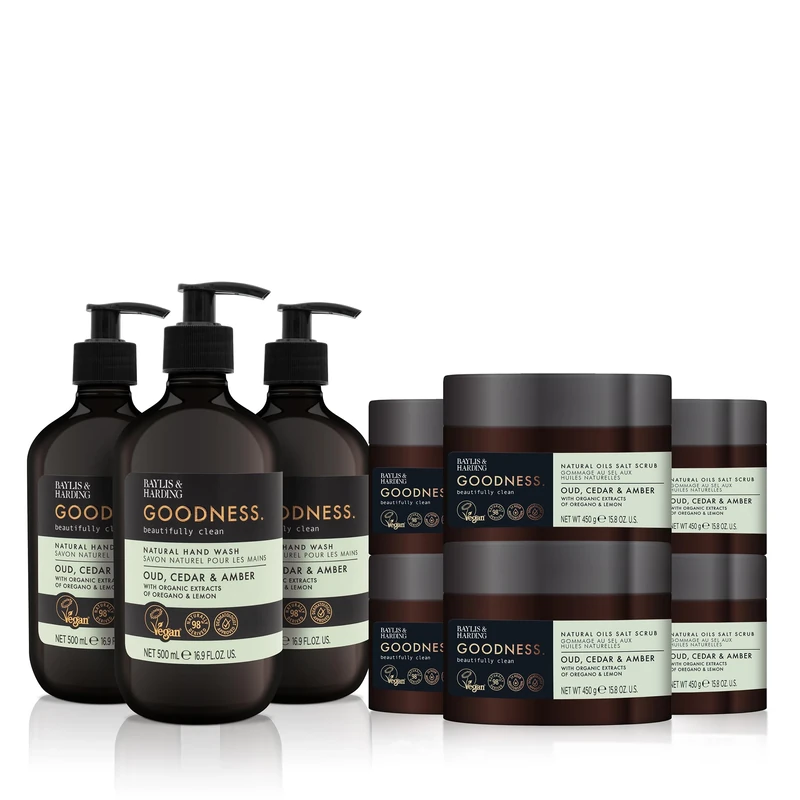 Baylis & Harding Goodness Oud, Cedar & Amber Bundle: 3 x 500 ml Hand Wash & 6 x 450 g Salt Scrub - Vegan Friendly
