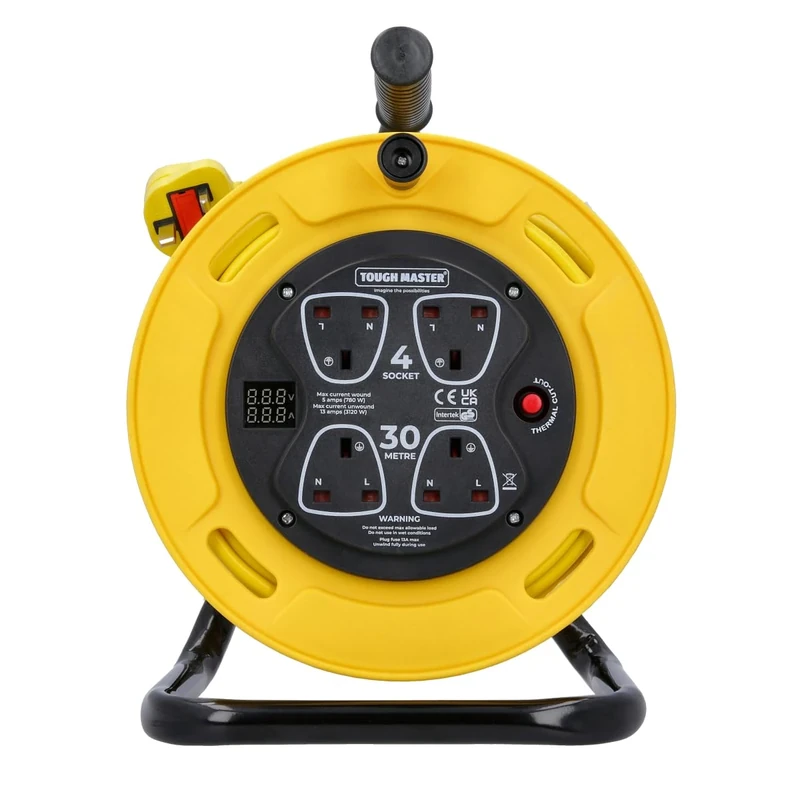 TOUGH MASTER 4 Socket Cable Reel 30m Extension Lead, 13A Heavy Duty Four Extension Cable Reel with Thermal Cut Off for Garden Lawn Mover Home & Office