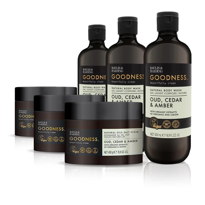 Baylis & Harding Goodness Oud, Cedar & Amber Bundle: 3 x 500 ml Body Wash & 6 x 450 g Salt Scrub - Vegan Friendly