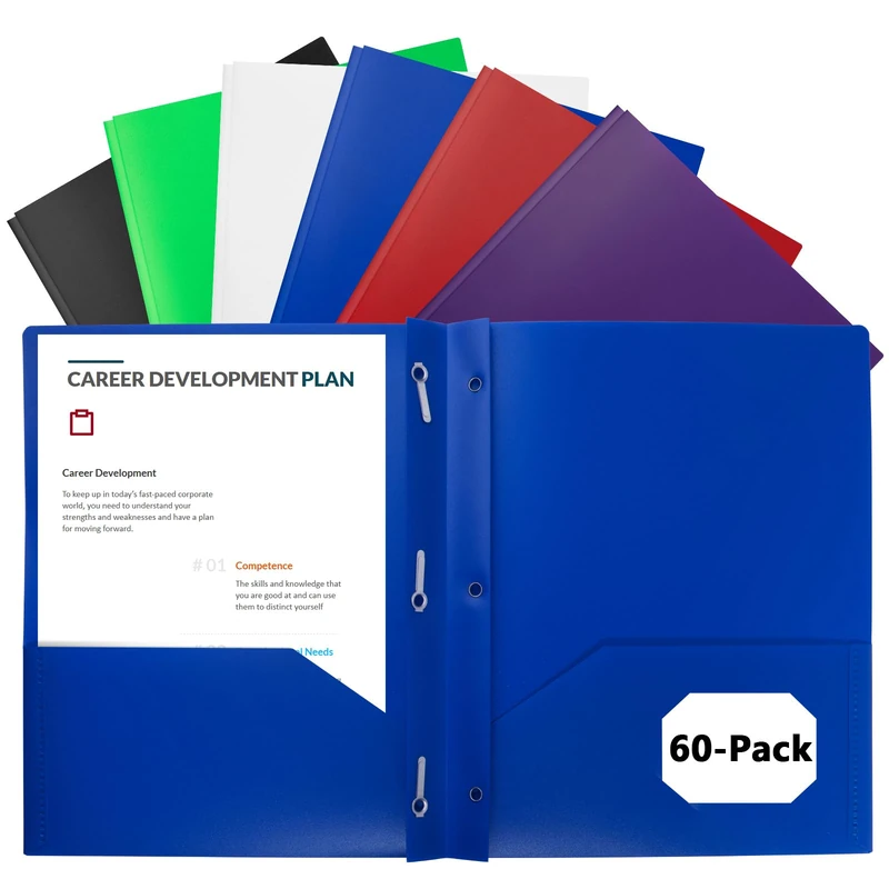 EEHZTSI 60-Pack Plastic Folders with Pockets and Prongs,2-Pocket Folders with 3 Fasteners, Poly Folders Holds 8-1/2" x 11" Paper for School/Office/Home, Assorted