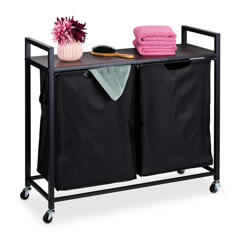 Relaxdays Laundry Basket Rack, 2 Pull-out Compartments, Rollable Storage Rack, Linen Bin, Industrial Design, Black/Brown