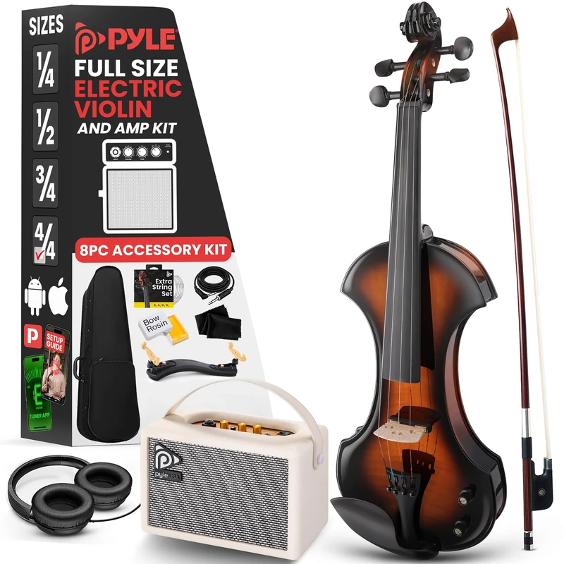 Pyle 4/4 Silent Electric Violin with Amplifier Kit - Solid Wood Violin with 10W Amp and Complete Accessories, Full Size Orchestral Stringed Instrument