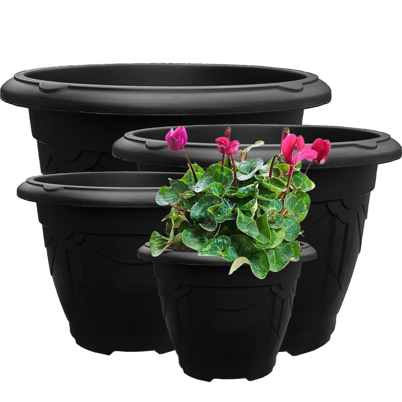VR7 Plastic Planters Flower Pots with Drainage Holes for Indoor/Outdoor Use 58cm - Set of 2 Modern Decorative Planters Black