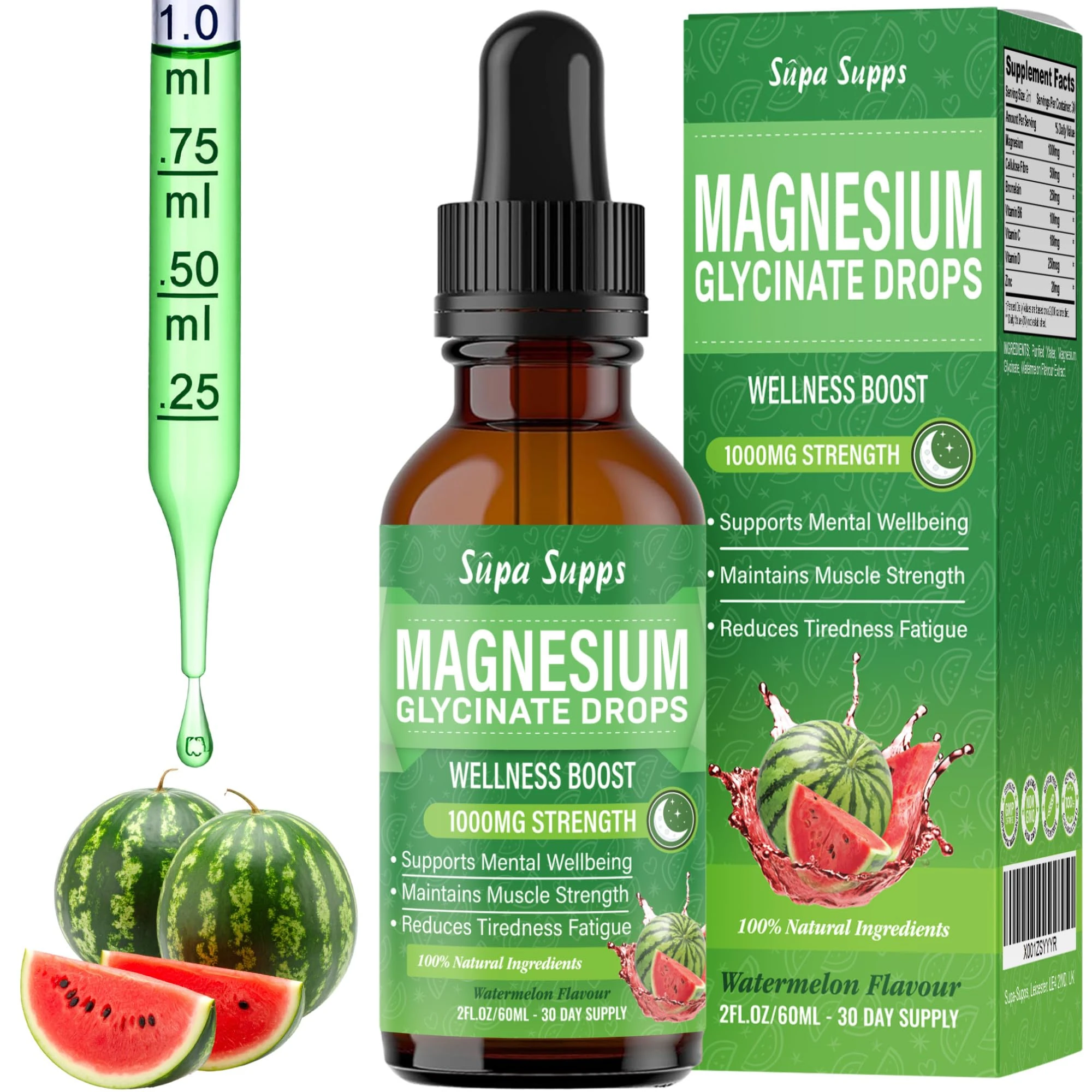 Magnesium Glycinate Liquid 60ml - Watermelon Flavour | Supa Supps Magnesium Glycinate 3-in-1 Complex | Fast Absorption | Premium Pure Formula, Easy-to-Take Supplement for Daily Balance- 1 Month Supply