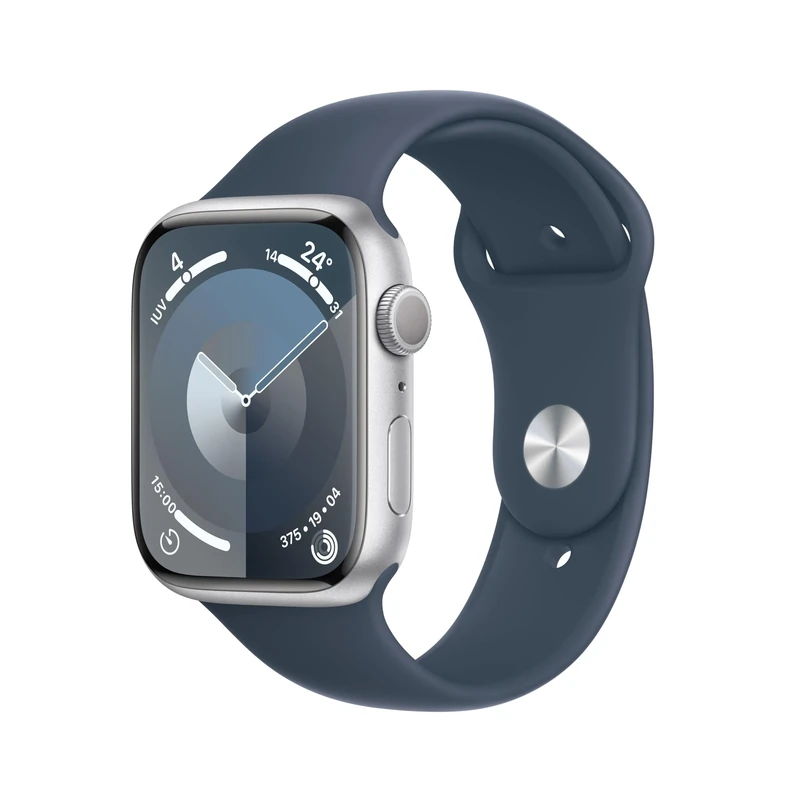 Apple Watch Series 9 [GPS, 45mm] - Silver Aluminium Case with Tempest Blue Sport Band, S/M (Renewed)