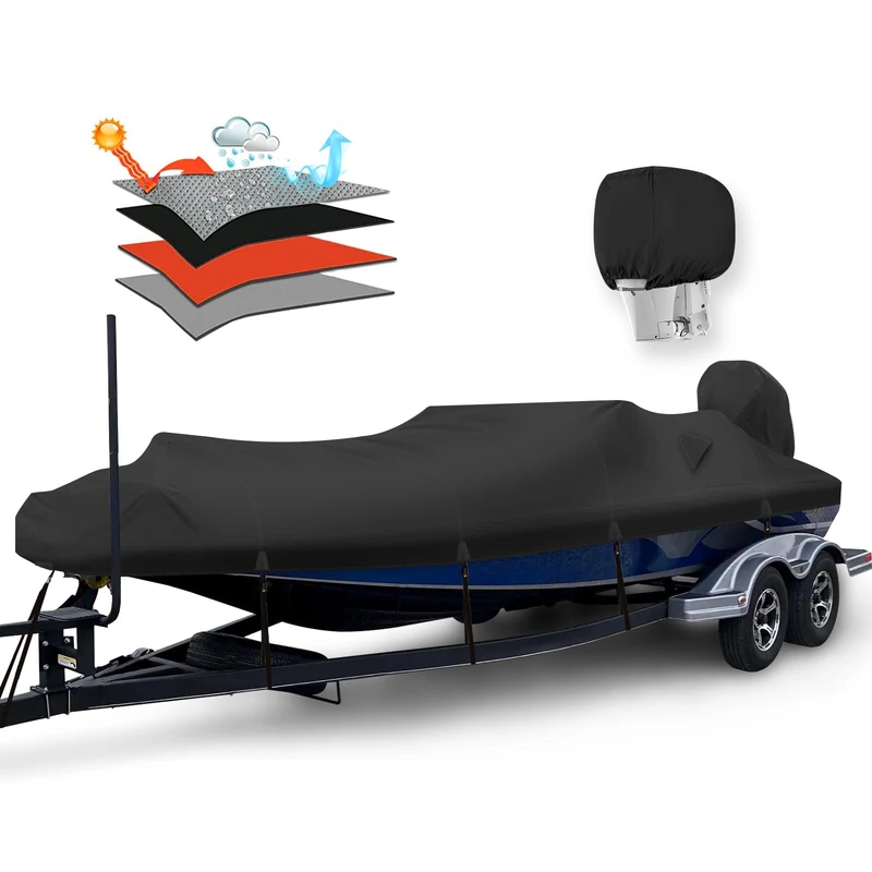 Solim Waterproof 900D PU Boat Cover with Motor Cover, 16-18.5' Marine Grade Heavy Duty Trailerable Polyester Canvas, Fit 16-18.5ft Bass Boat, V-Hull, Runabout, Fishing Boat, Ski boat with Strap, Black