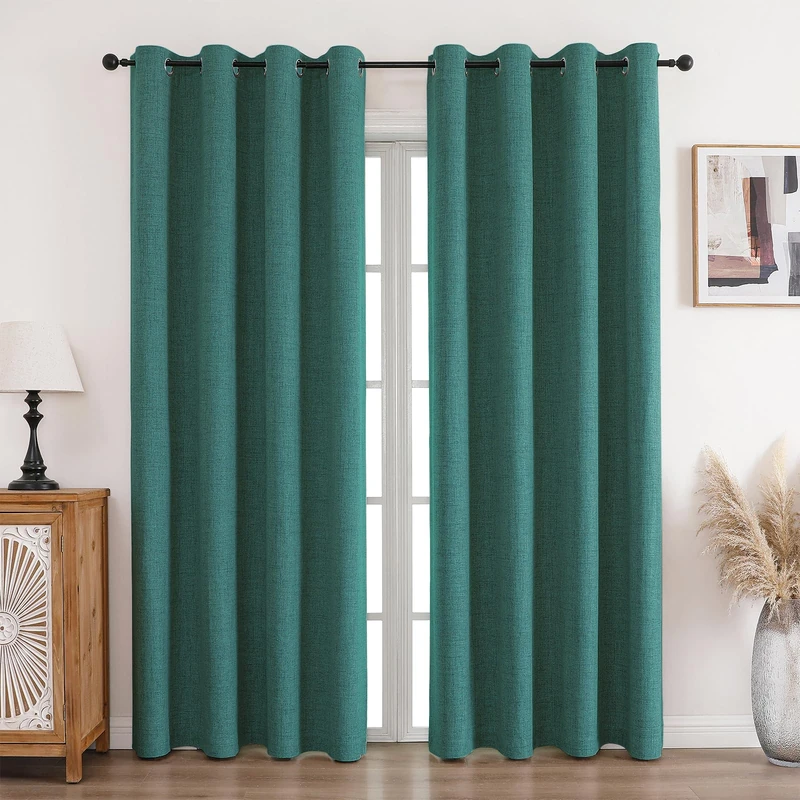 CUCRAF Curtain 100% Opaque Linen Curtains with Eyelets Forest Green H200 x W 140 cm Set of 2 Thermal Curtain Cold Protection Sound Insulation Curtain for Living Room Bedroom