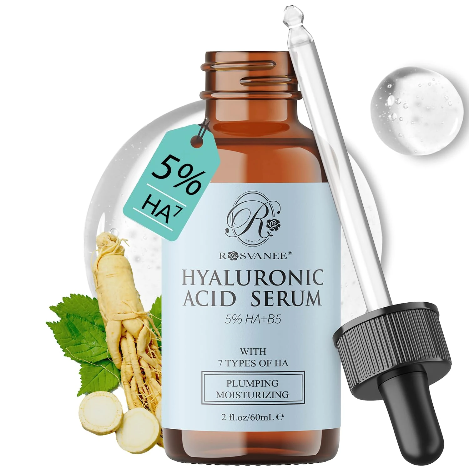 ROSVANEE 5% Hyaluronic Acid Serum 60mL with Panax Ginseng, Hydrating, Moisturizing & Plumping, Strengthens Skin Barrier with 1% Vitamin B5, Niacinamide, Vegan, For All Skin Types