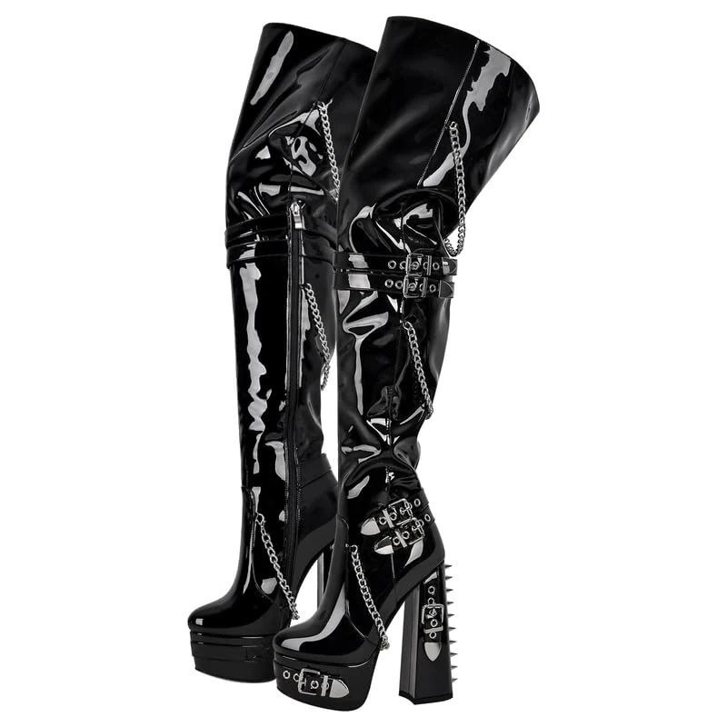 blingqueen Platform Heel Thigh High Boots for Women Chunky Block Heels Booties Zip Up Over The Knee High Boots with Rivets Chains Grommets Buckle Punk Boots Riding Motorcycle Sock Boots Black Size 7