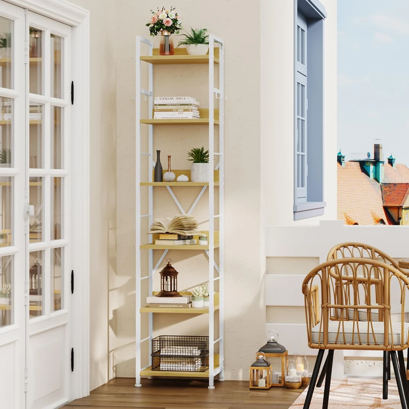 YITAHOME Bookcase 6 Tiers, Floor Standing Book Shelf with 4 Hooks, Wooden Shelf and Metal Frame Book Rack Industrial Tall Shelf Unit Storage for Living Room, Home Office, White and Oak Bookshelf