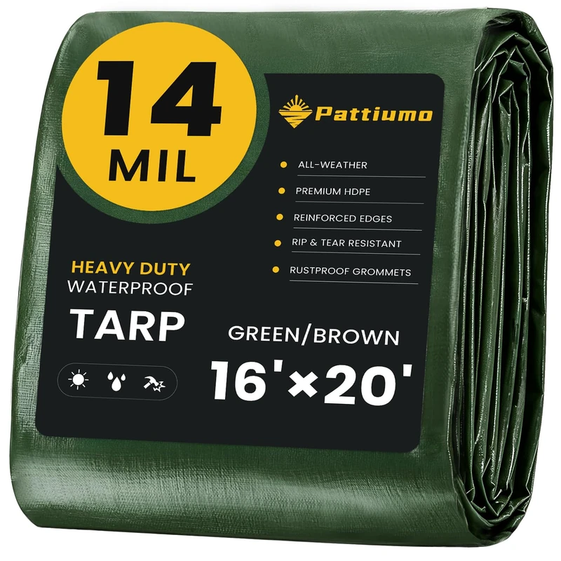 Pattiumo Tarp Waterproof 16' X 20', Heavy Duty Tarps Waterproof 14 Mil Waterproof Tarp Multipurpose Protective Cover Large Tarp UV All Weather Resistant Outdoor Tarp for Shelter Camping, Green/Brown
