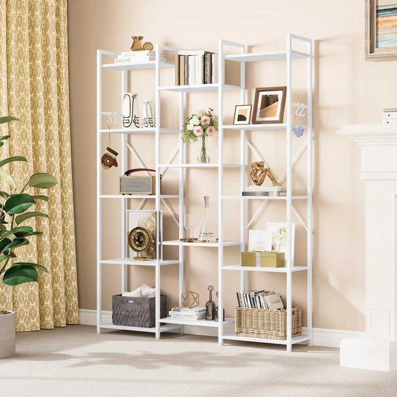YITAHOME Bookcase, Floor Standing Book shelf with 14 Shelves and Hooks Tall Shelving Unit Display Storage Rack with Stable Metal Frame for Living Room, Home Office, Pure White Bookshelf