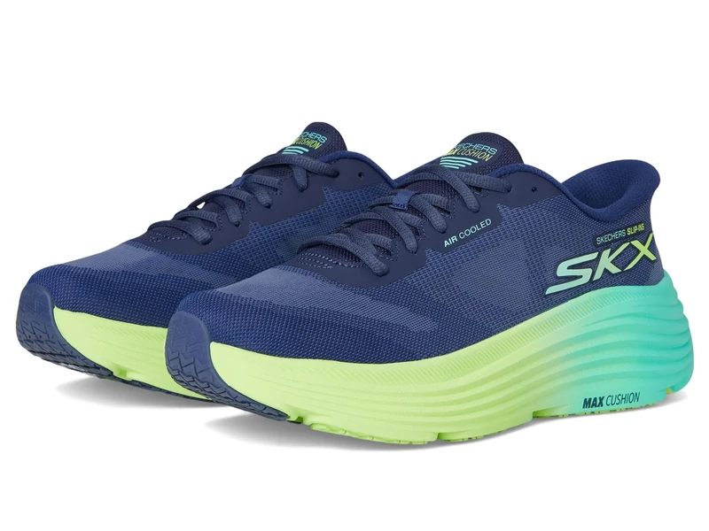 Skechers Women's Max Cushioning Endeavour Hallandale Slip-On Sneakers, Navy Textile/Lime Trim, 4.5 UK