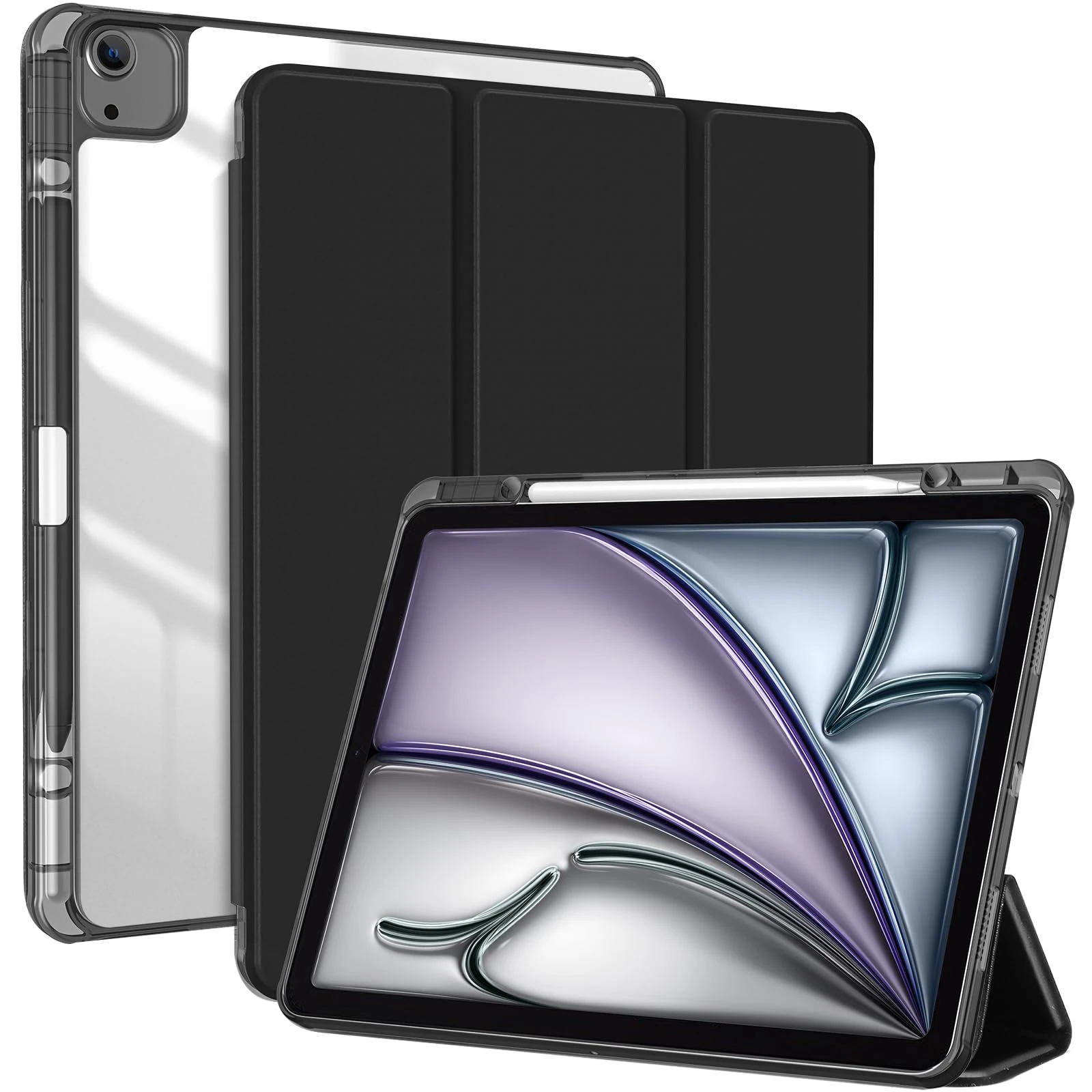 ProCase for iPad Air 13 Inch Case M3 2025/ M2 2024 With Pencil Holder, Hybrid Smart Cover iPad 13 Air M3 M2 Case with Clear Transparent Back, Support Touch ID, Auto Wake/Sleep -Black